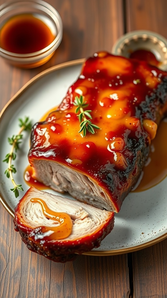 Crispy Pork Belly with Maple Glaze Recipe Crispy pork belly with a maple glaze, garnished with thyme on a rustic table.